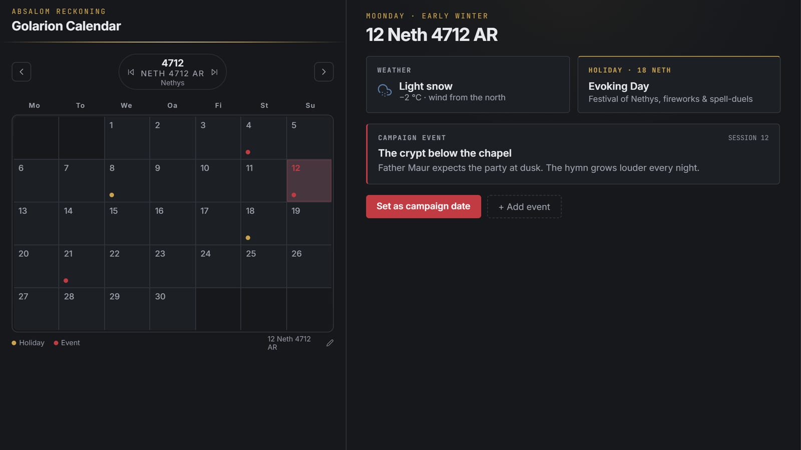 Golarion Calendar screenshot